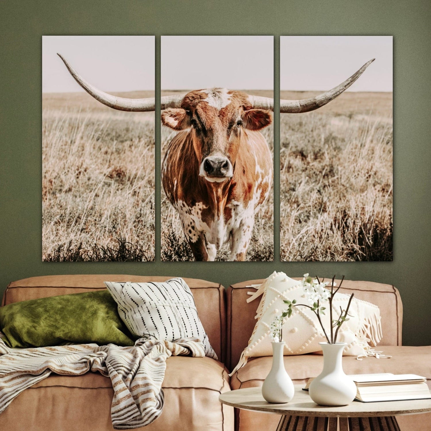 3 piece canvas triptych photo of a texas longhorn cow