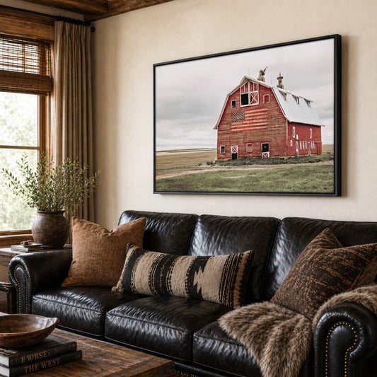 American Flag Wall Art – Rustic Patriotic Home Decoration Canvas-Black Frame / 12 x 18 Inches