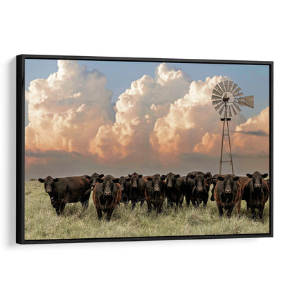 Angus Cattle and Old Windmill Canvas Canvas-Black Frame / 12 x 18 Inches Wall Art Teri James Photography