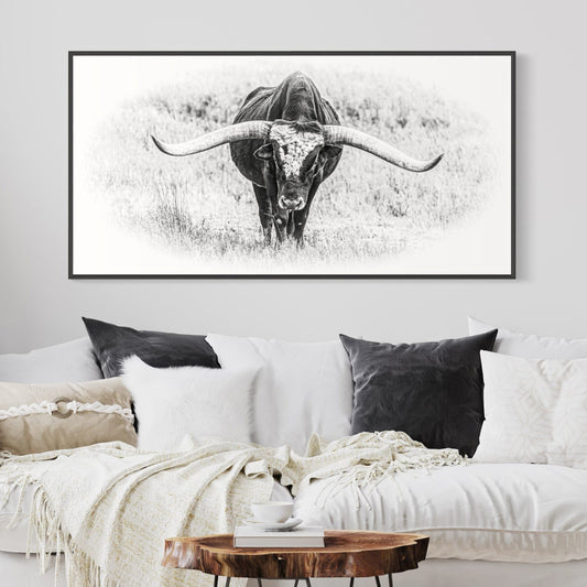 Black and White Longhorn Panorama Canvas-Black Frame / 10 x 20 Inches Wall Art Teri James Photography