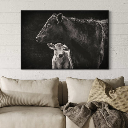 Black Angus Cow and Calf in Black & White - Modern Western Canvas Art Wall Art Teri James Photography