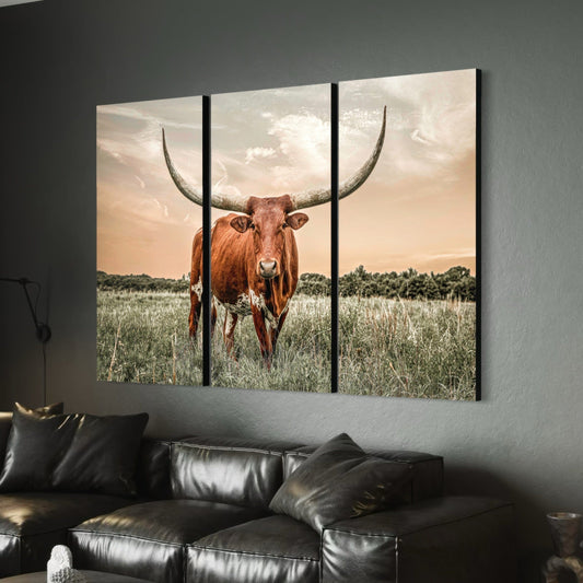 Extra Large Longhorn Art - 3 Piece Triptych Canvas 48" x 72" (3 @ 24" x 48") Wall Art Teri James Photography