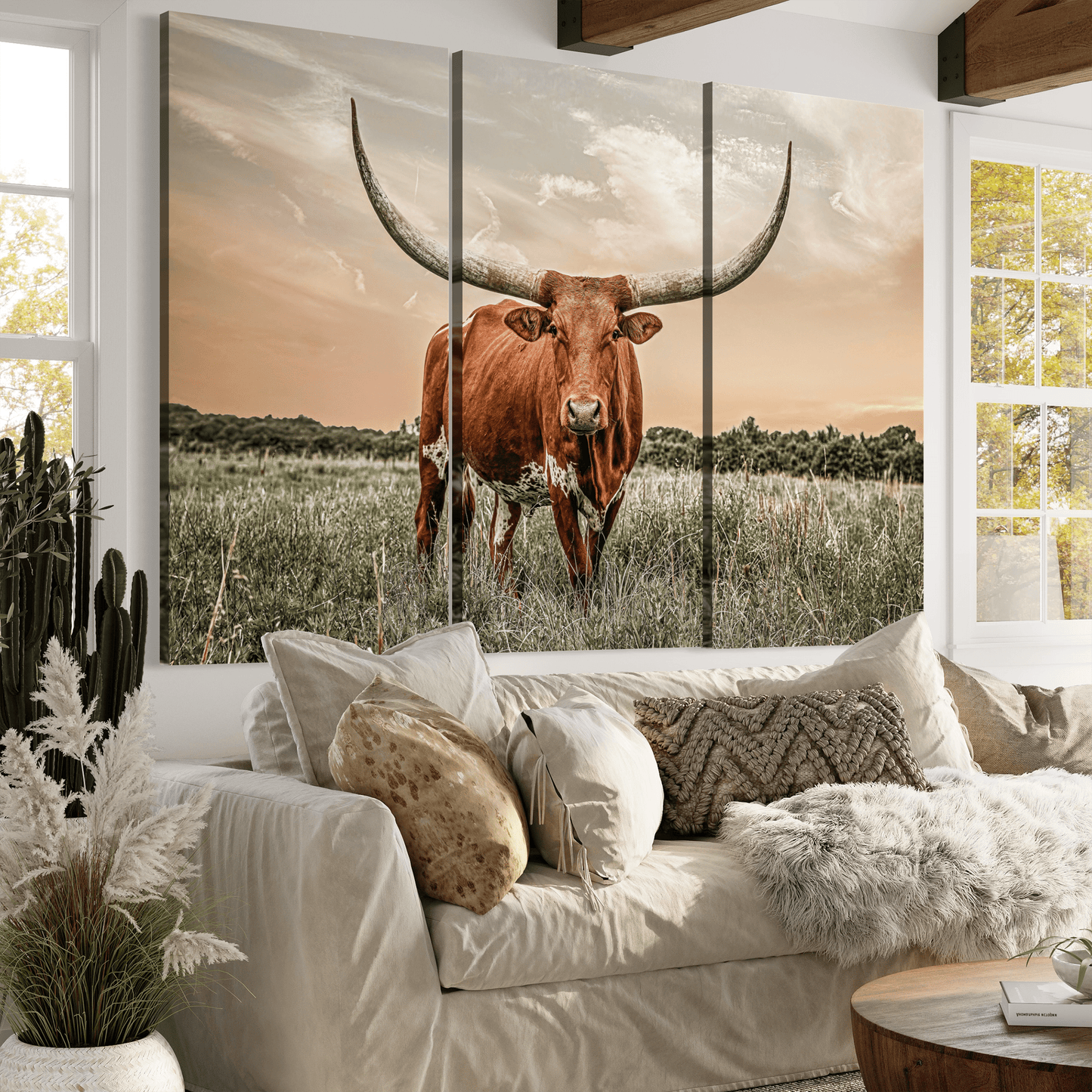 Extra Large Longhorn Art - 3 Piece Triptych Canvas Wall Art Teri James Photography