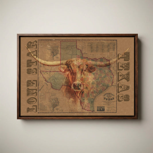 Lone Star Texas Longhorn Wall Art - Rustic State Map Decor