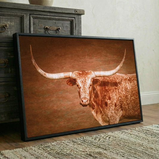 Longhorn Float Canvas - Framed Rustic Wall Art With Turquoise Accent Wall Art Teri James Photography