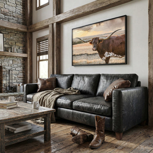 Longhorn Wall Art - Western Rustic Canvas Print with Texas Prairie Cow Wall Art Teri James Photography