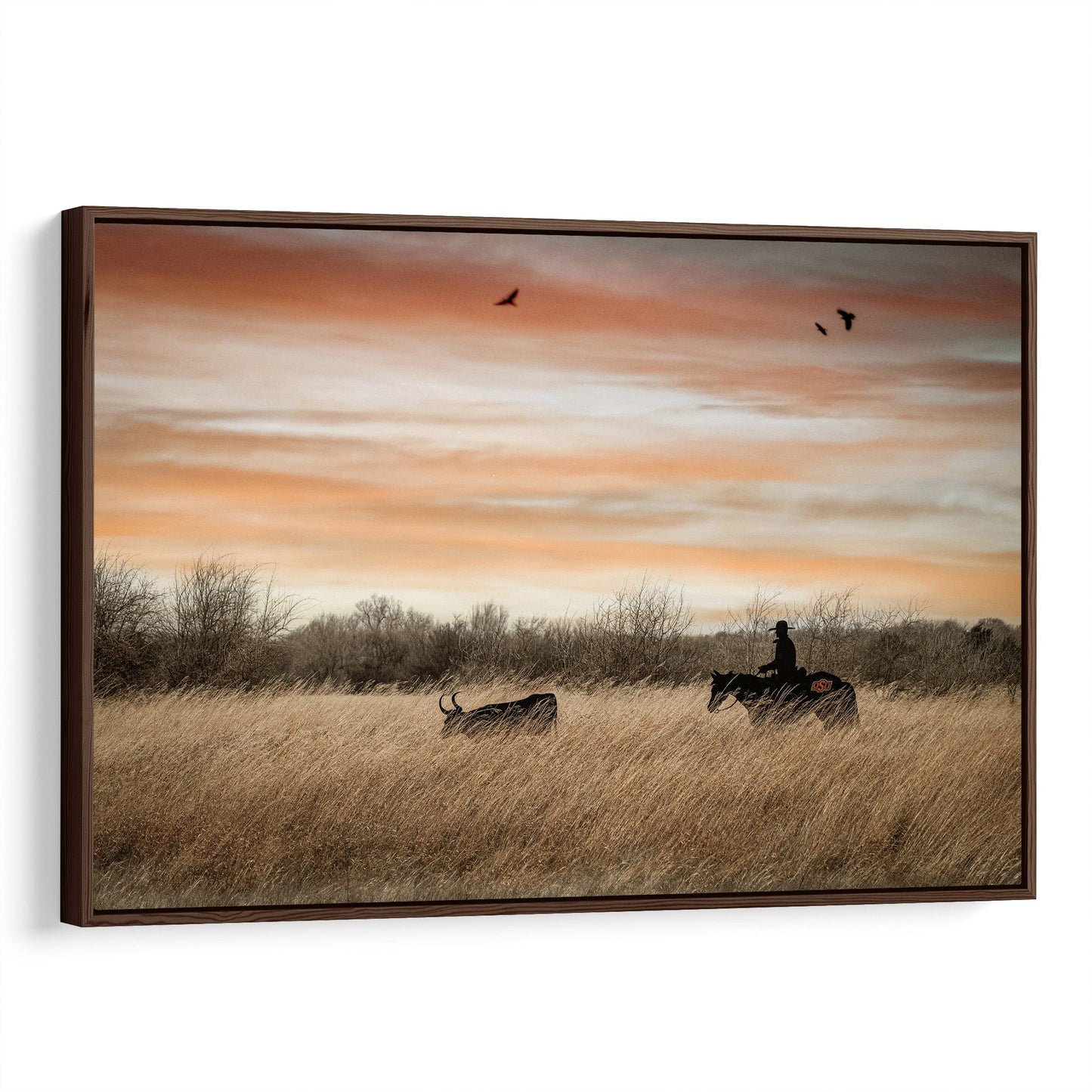 Oklahoma State University Wall Art - Cowboy, Horse and Longhorn Canvas-Walnut Frame / 12 x 18 Inches Wall Art Teri James Photography