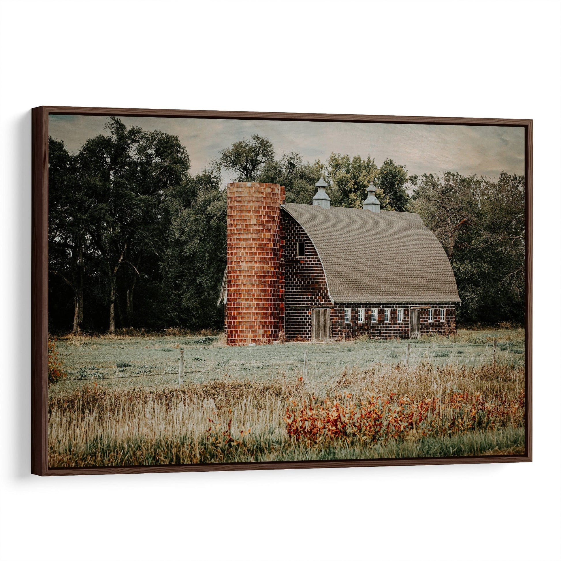 Old Brick Barn and Silo Wall Art Canvas-Walnut Frame / 12 x 18 Inches Wall Art Teri James Photography
