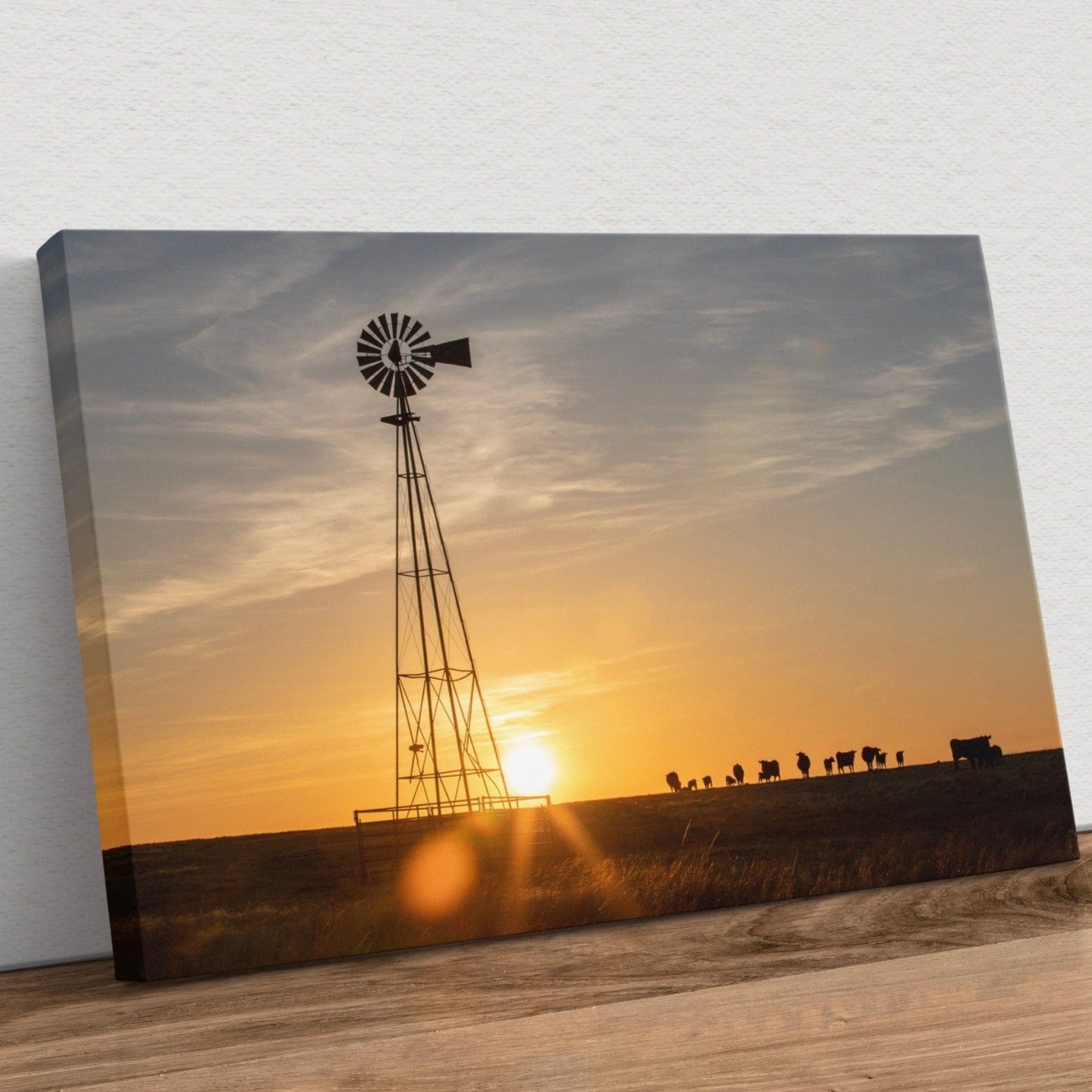 Old Windmill at Sunset with Angus Cattle Canvas-Unframed / 12 x 18 Inches Wall Art Teri James Photography