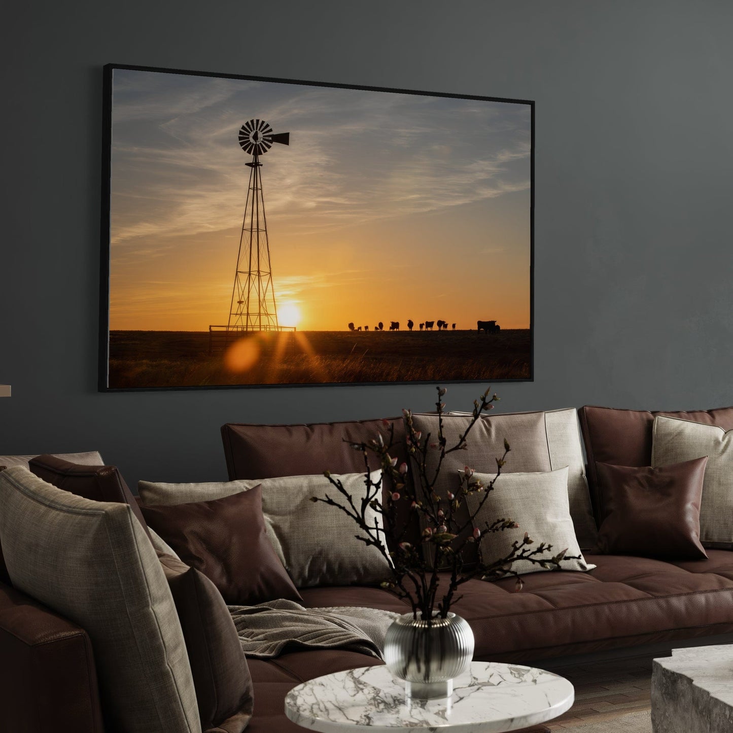 Old Windmill at Sunset with Angus Cattle Wall Art Teri James Photography