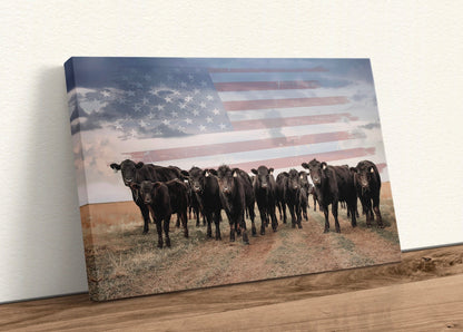 Patriotic Black Angus Cattle with American Flag Canvas-Unframed / 12 x 18 Inches Wall Art Teri James Photography