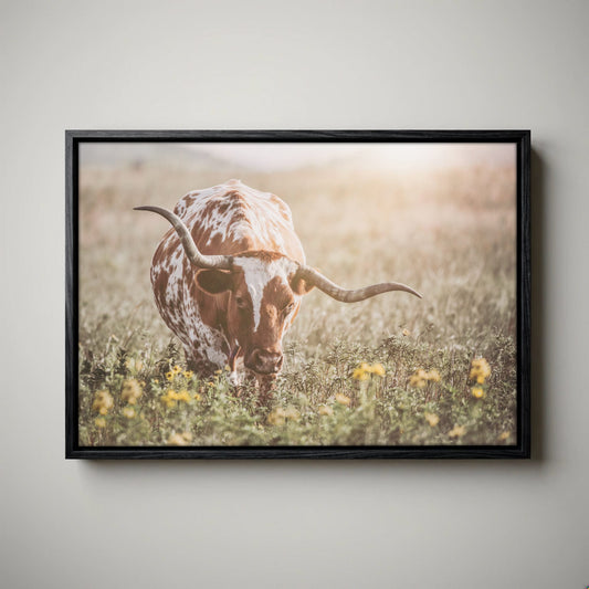 Rustic Farmhouse Artwork - Longhorn in Flowers