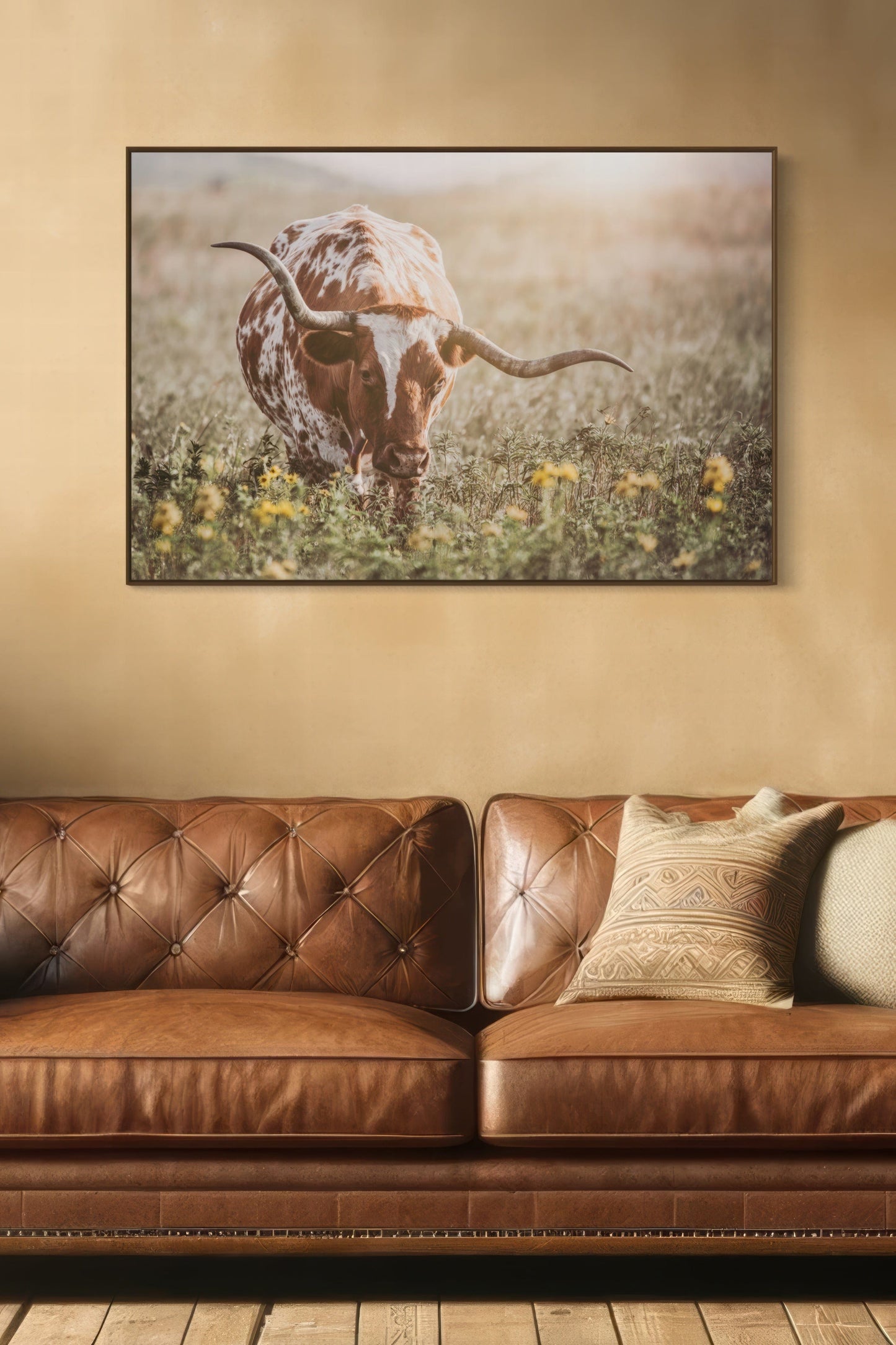 Rustic Farmhouse Artwork - Longhorn in Flowers