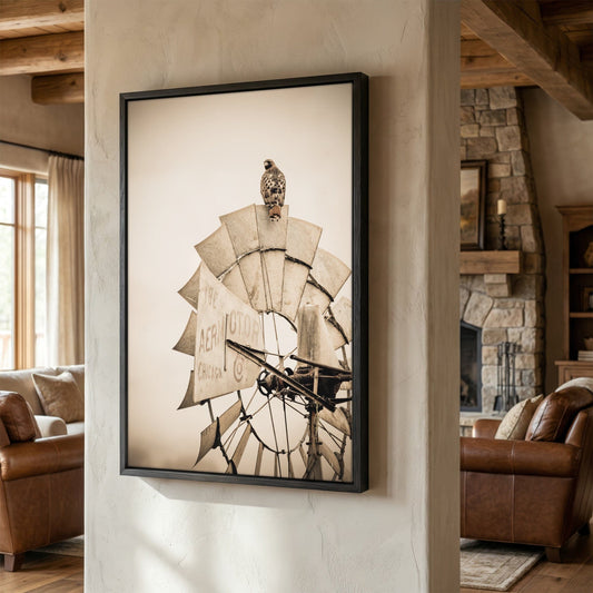 Rustic Farmhouse Wall Decor - Old Windmill and Hawk Canvas-Black Frame / 12 x 18 Inches Wall Art Teri James Photography
