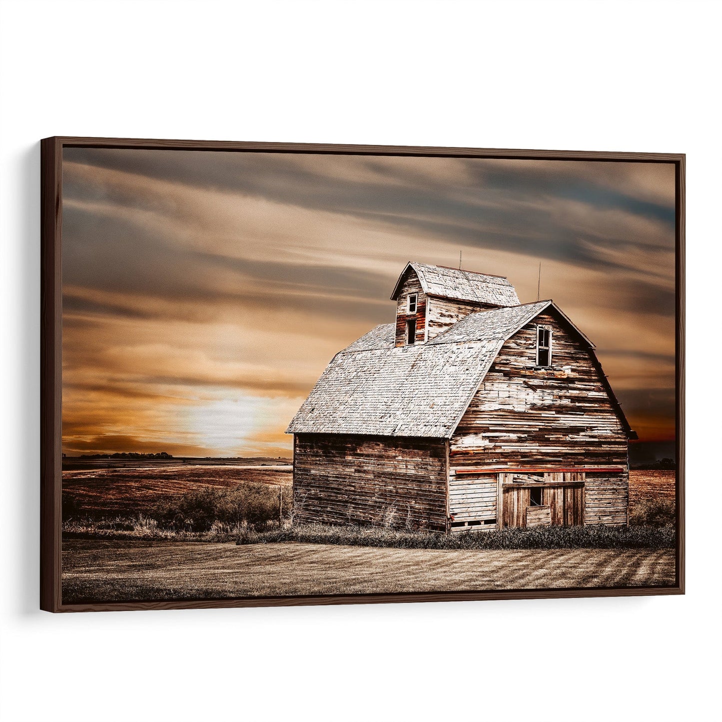 Rustic Old Barn and Sunset Photo Canvas-Walnut Frame / 12 x 18 Inches Wall Art Teri James Photography
