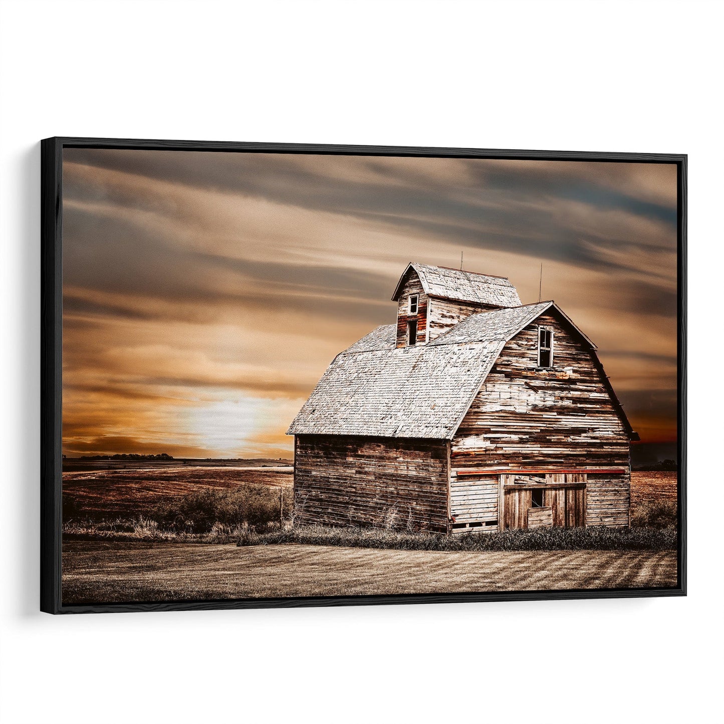 Rustic Old Barn and Sunset Photo Canvas-Black Frame / 12 x 18 Inches Wall Art Teri James Photography