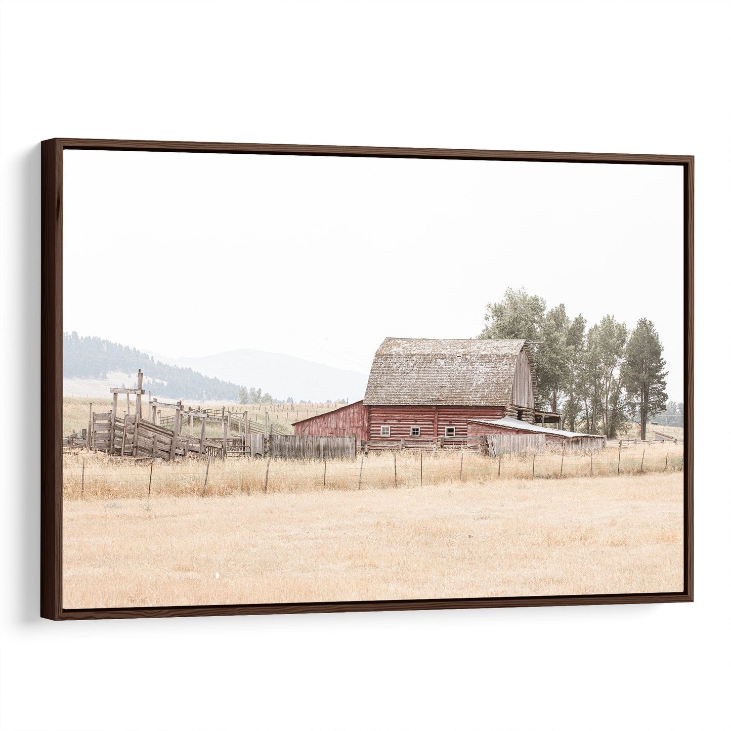 Rustic Old Red Barn and Corral in Farmhouse Colors Canvas-Walnut Frame / 12 x 18 Inches Wall Art Teri James Photography