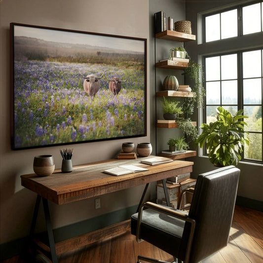Texas Bluebonnets and Longhorn Cattle Wall Art Teri James Photography