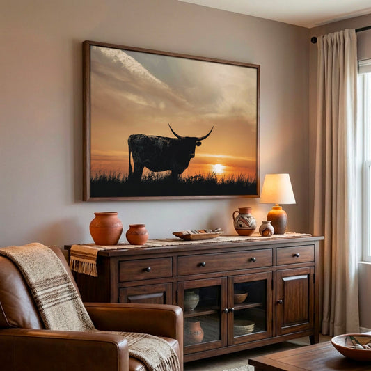 Texas Longhorn Canvas Print – Rustic Sunset Wall Art for Southwestern Home Decor Wall Art Teri James Photography