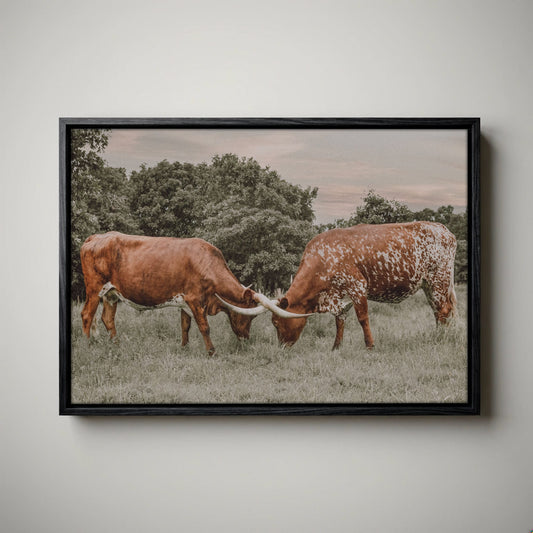 Texas Longhorn Wall Art - Muted Color Canvas Rustic Cattle Artwork