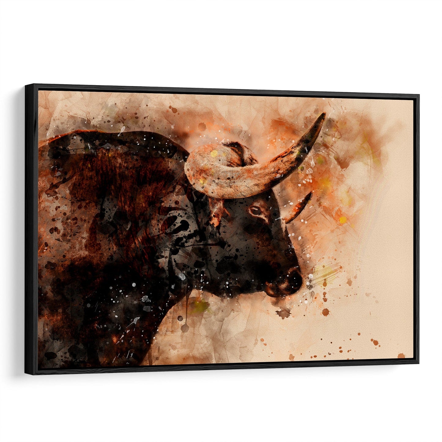 Texas Longhorn Watercolor Art Canvas-Black Frame / 12 x 18 Inches Wall Art Teri James Photography