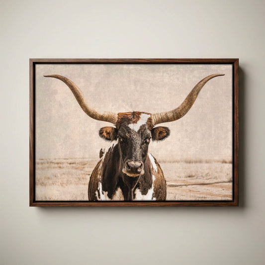 Vintage Texas Longhorn Wall Art - Rustic Western Photography Canvas-Walnut Float Frame / 12 x 18 Inches