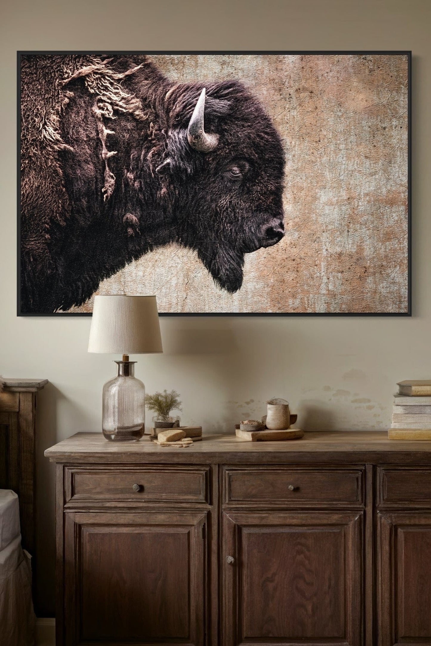 Western Decor Bison Painting - Rustic Wall Art Buffalo Closeup