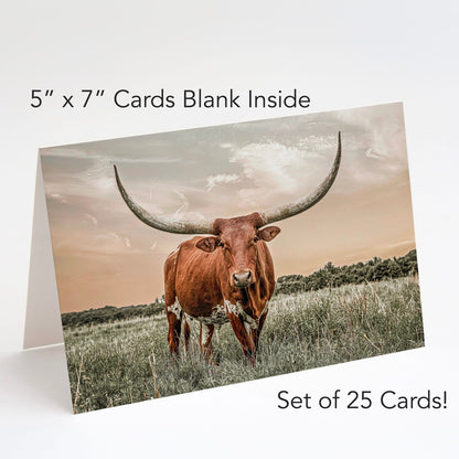 Western Greeting Cards - Rustic Note Cards Longhorn - Red w/Green Grass Greeting cards Teri James Photography
