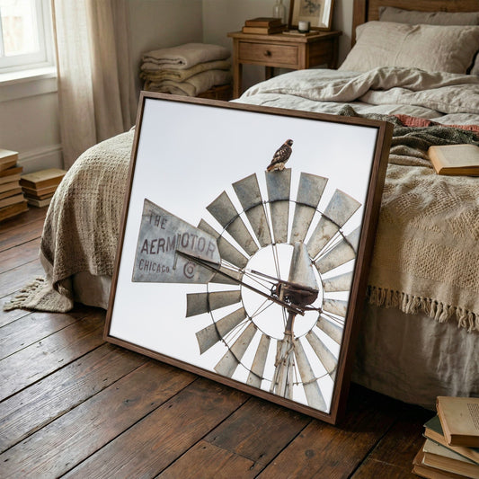 Windmill Wall Decor | Modern Farmhouse Art with Red-Tailed Hawk Print Canvas Wall Art Teri James Photography