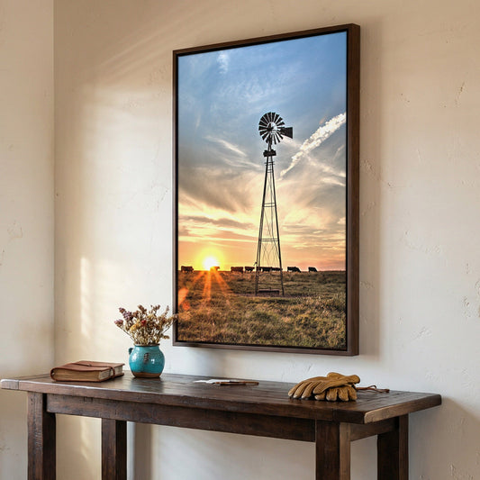 Rustic Old Windmill and Black Angus Cows Wall Art