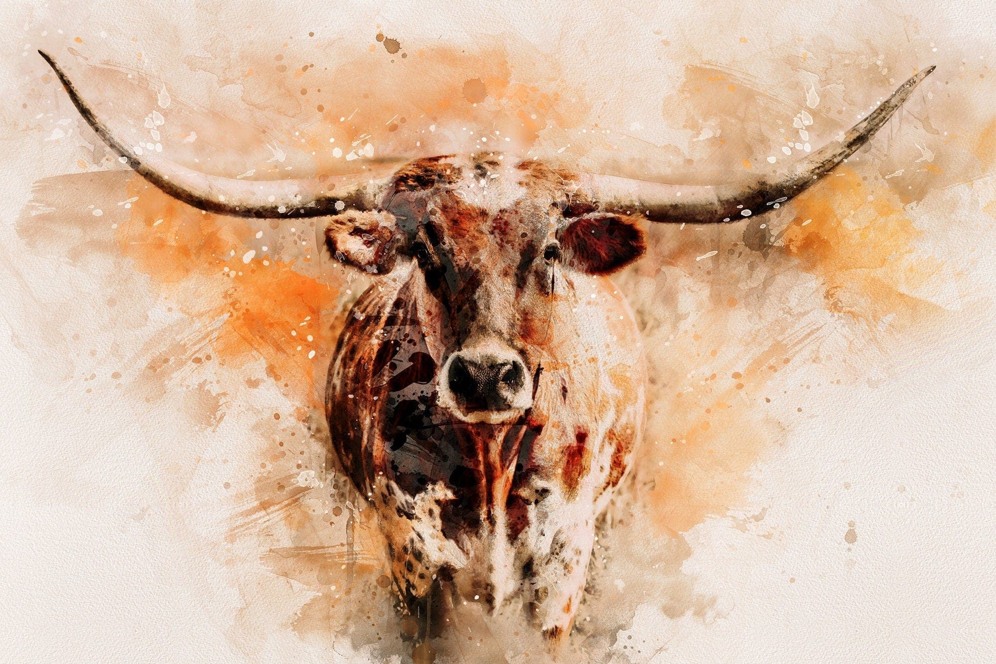 Modern Western Longhorn Art Watercolor Painting Paper Photo Print / 12 x 18 Inches Wall Art Teri James Photography