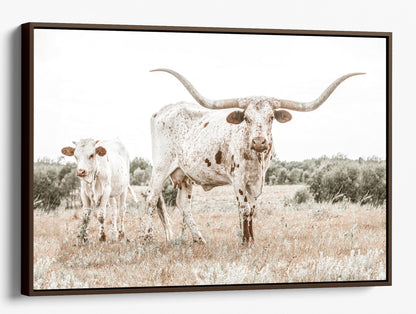 Texas Longhorn Cow & Calf Wall Art Canvas-Walnut Frame / 12 x 18 Inches Wall Art Teri James Photography
