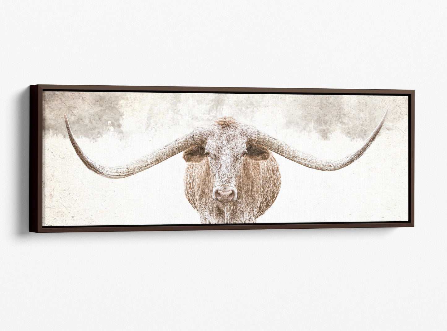 Texas Longhorn Sepia Panoramic Canvas Canvas-Walnut Frame / 12 x 36 Inches Wall Art Teri James Photography