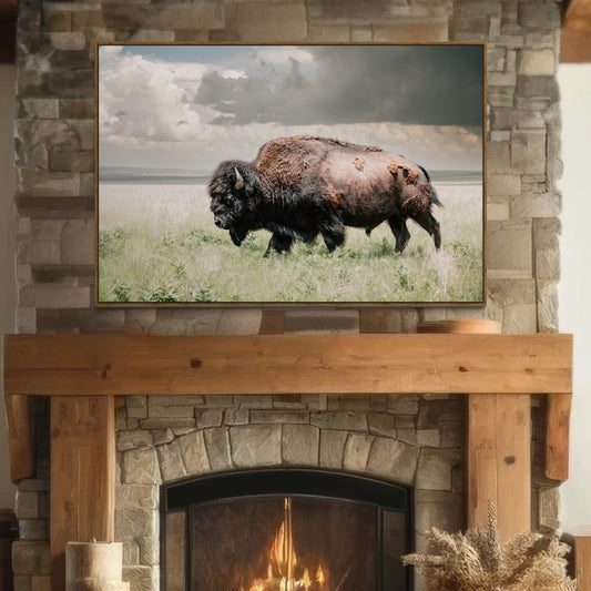 bison photo print or canvas used in a western decor living room