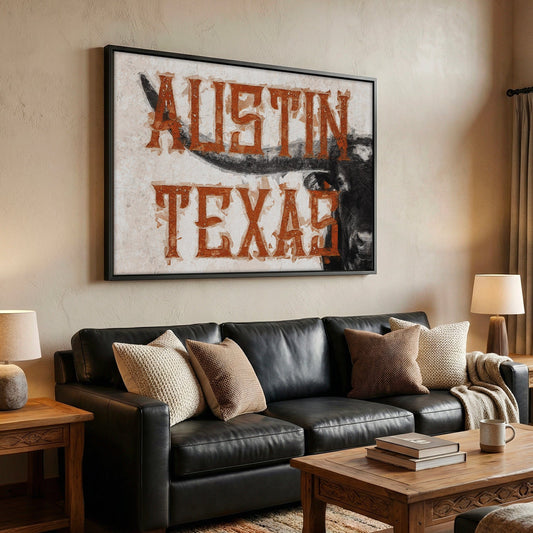 Austin Texas modern wall art featuring a Texas longhorn bull canvas print