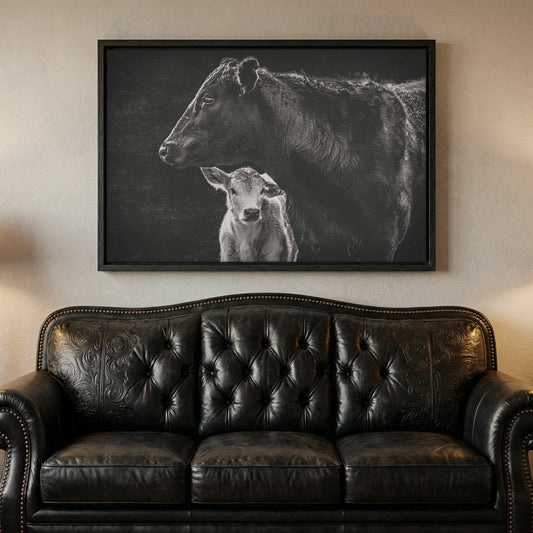 black angus cow and calf on black background
