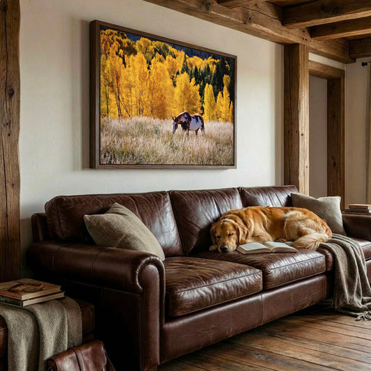 horse canvas wall art over a leather couch