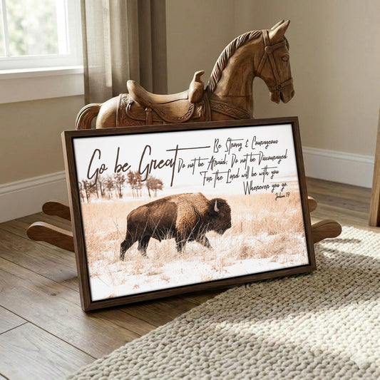 customized inspirational western wall art, featuring a bison and Joshua 1:9 Bible verse