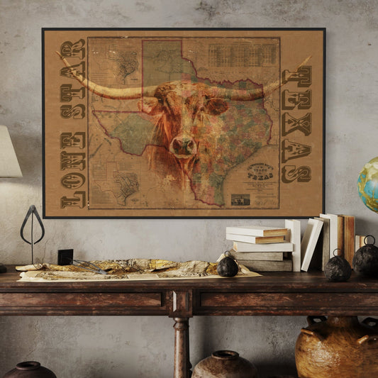 rustic style texas longhorn wall art featuring a vintage lone star map