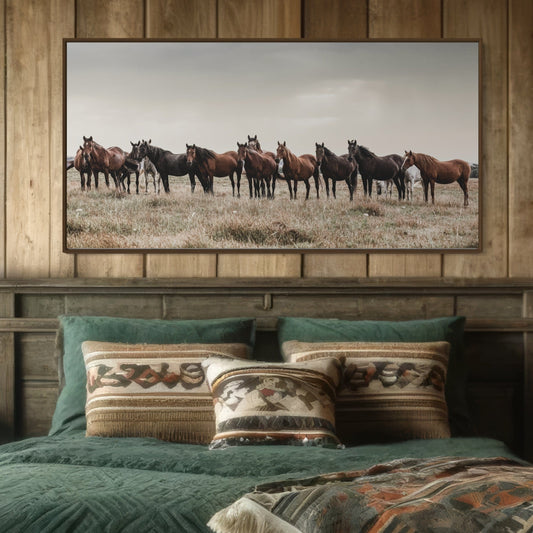 panoramic wild horse wall art shown over a bed