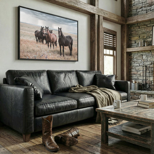 horse canvas wall art hanging in a western living room with black leather couch