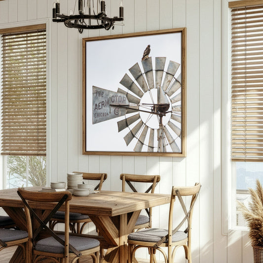 farmhouse dining room featuring an old windmill canvas print