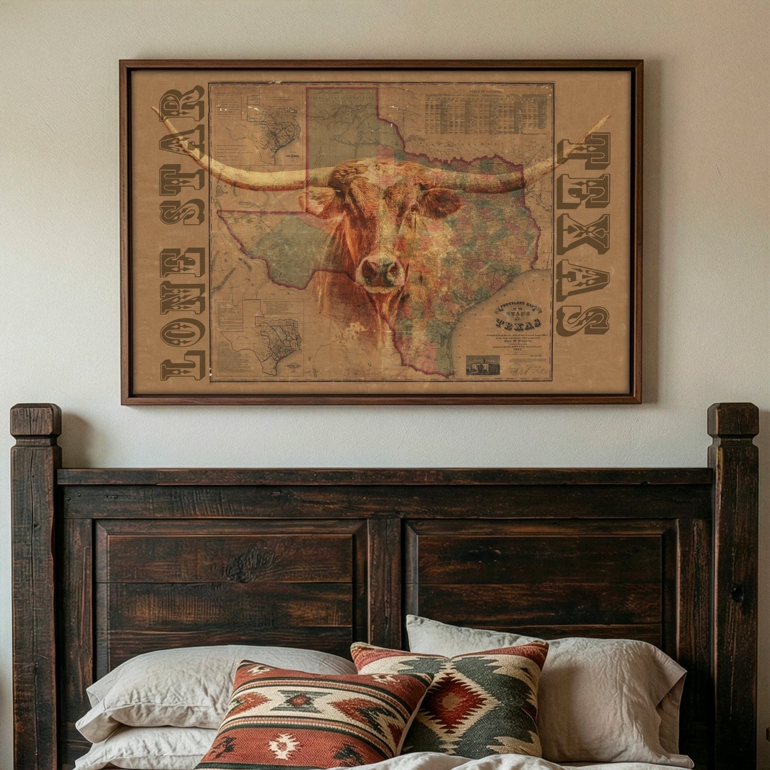 Texas longhorn cow superimposed over an old Texas map with the words Lone Star Texas in rustic font, walnut float framed canvas hanging over a rustic wooden bed headboard