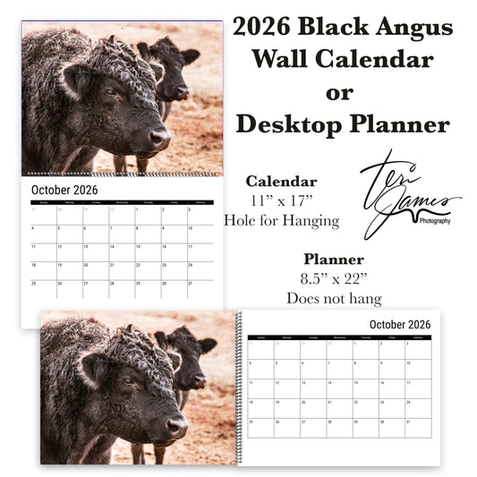 2026 Black Angus Wall Calendar or Desktop Planner Wall Calendar Calendar Teri James Photography