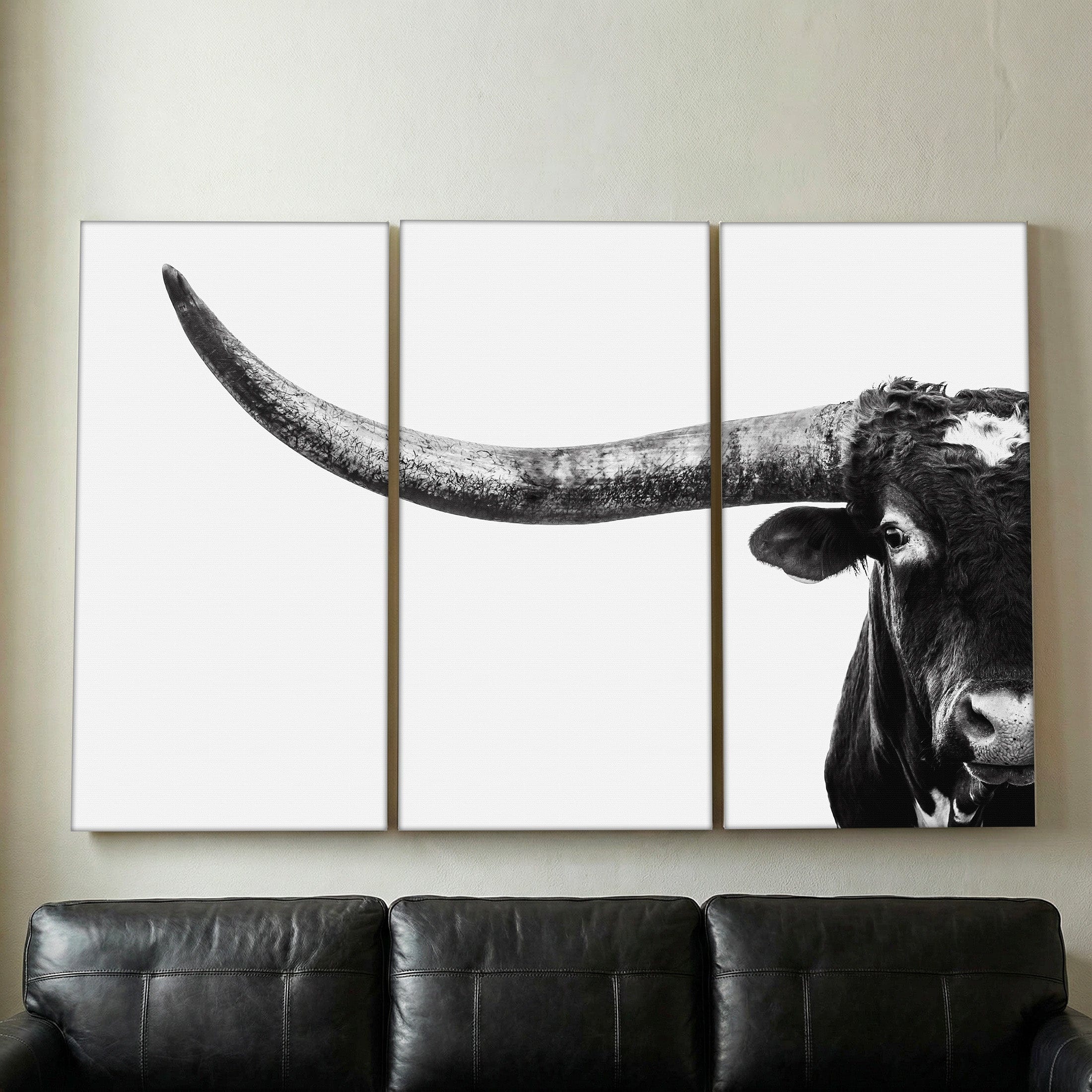 Black & White Longhorn Canvas Art | Extra Large 3-Piece Triptych