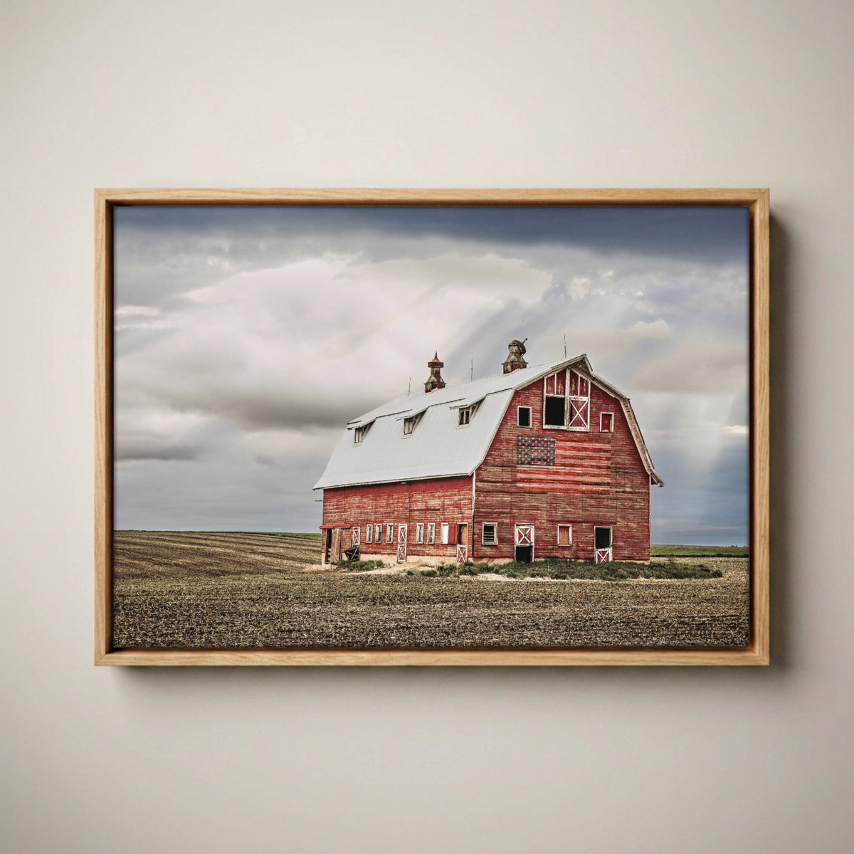 American Flag Wall Art - Patriotic Rustic Flag Print Canvas-Natural Oak Float Frame / 12 x 18 Inches