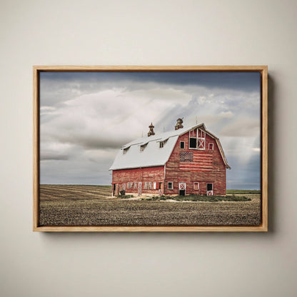 American Flag Wall Art - Patriotic Rustic Flag Print Canvas-Natural Oak Float Frame / 12 x 18 Inches