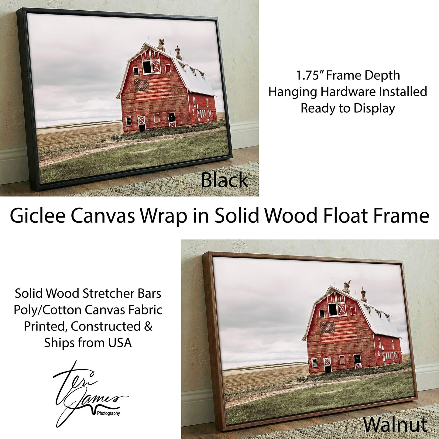 American Flag Wall Art – Rustic Patriotic Home Decoration Canvas Print Canvas-Black Frame / 12 x 18 Inches Wall Art Teri James Photography