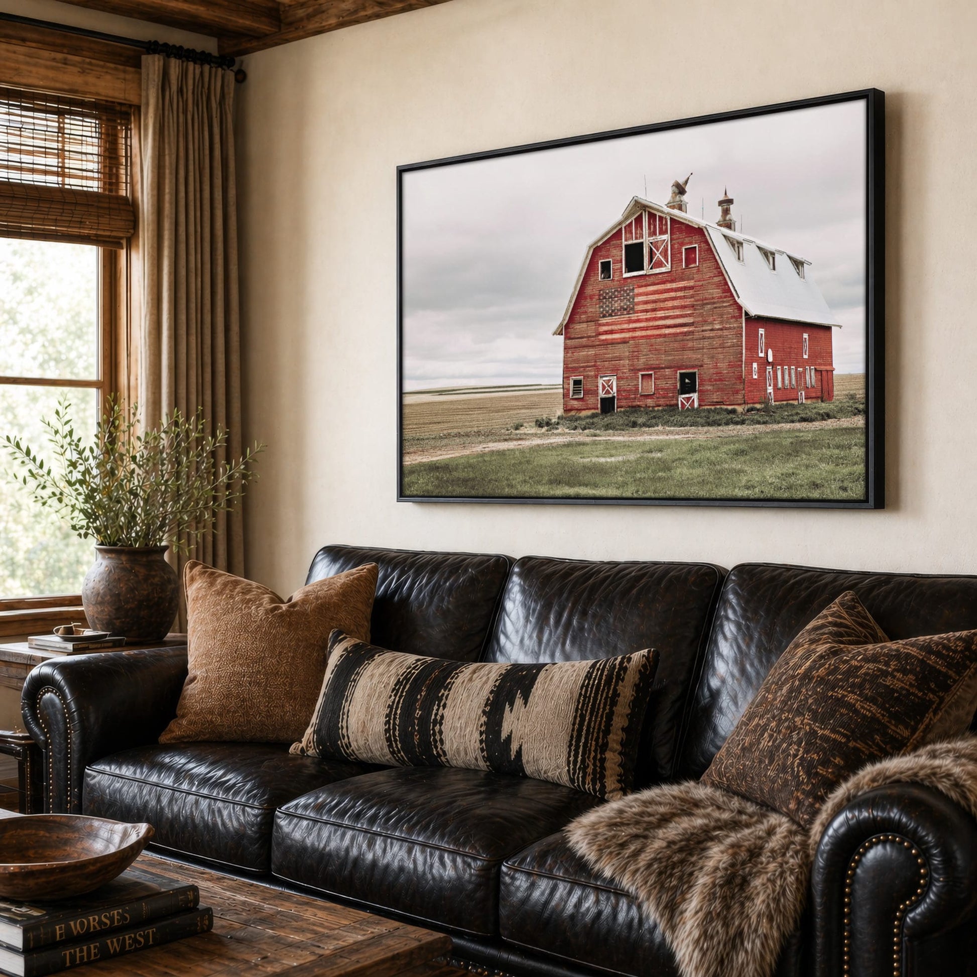 American Flag Wall Art – Rustic Patriotic Home Decoration Canvas-Black Frame / 12 x 18 Inches