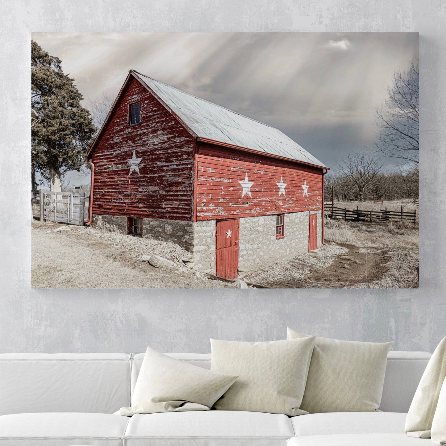 Americana Wall Art Canvas- Old Red Barn with Stars Wall Art Teri James Photography